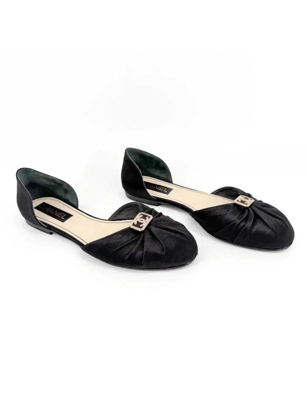 Chanel Crystal CC D’Orsay Ballet Flats Black Satin Size 42 US 11-11.5 Women’s